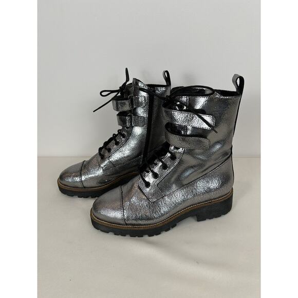 Shellys London Bootie 39 Silver Metallic Distressed Leather‎ Combat Boots Womens - Picture 3 of 11